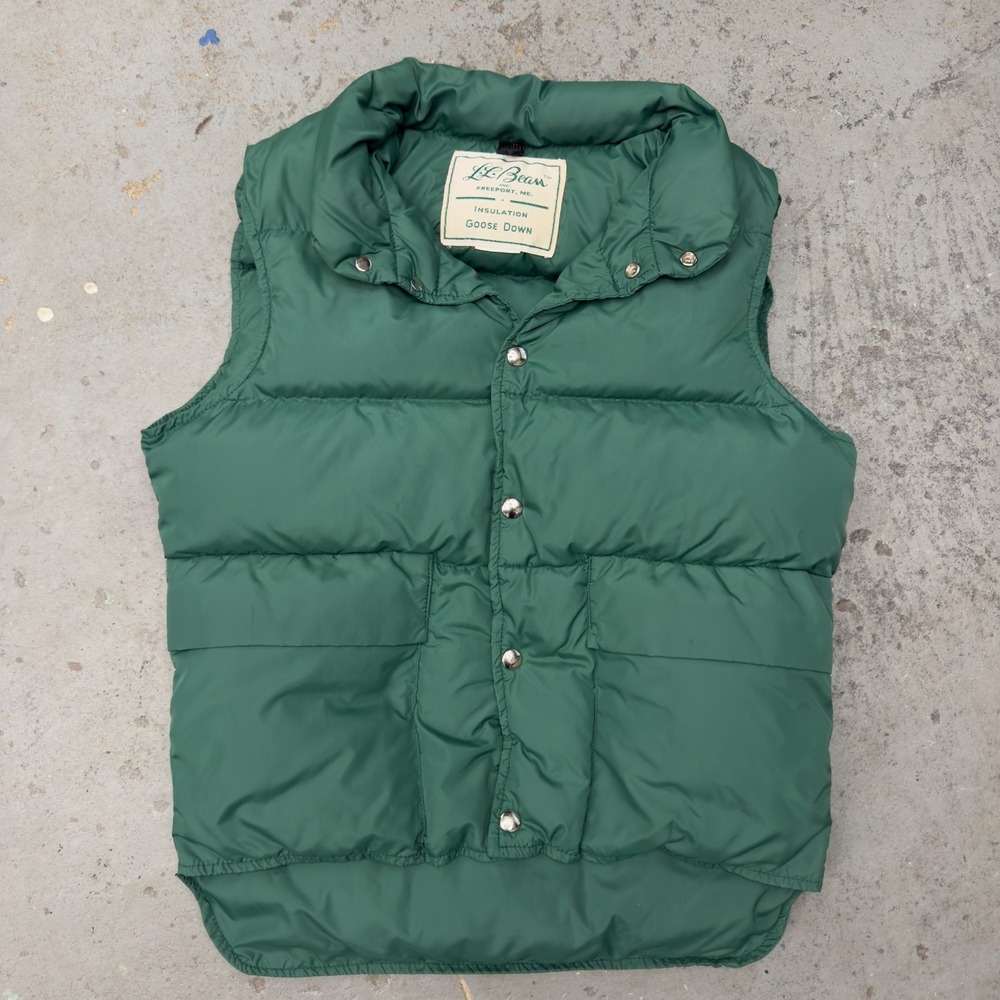 LL Bean Vintage 70s Green Goose Down Insulated Puffer Vest Snap Front Large